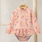 Pink floral long-sleeve one-piece swimsuit with ruffle waist and high neck