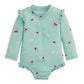 Mint green strawberry-print long-sleeve one-piece swimsuit, front zip and snaps