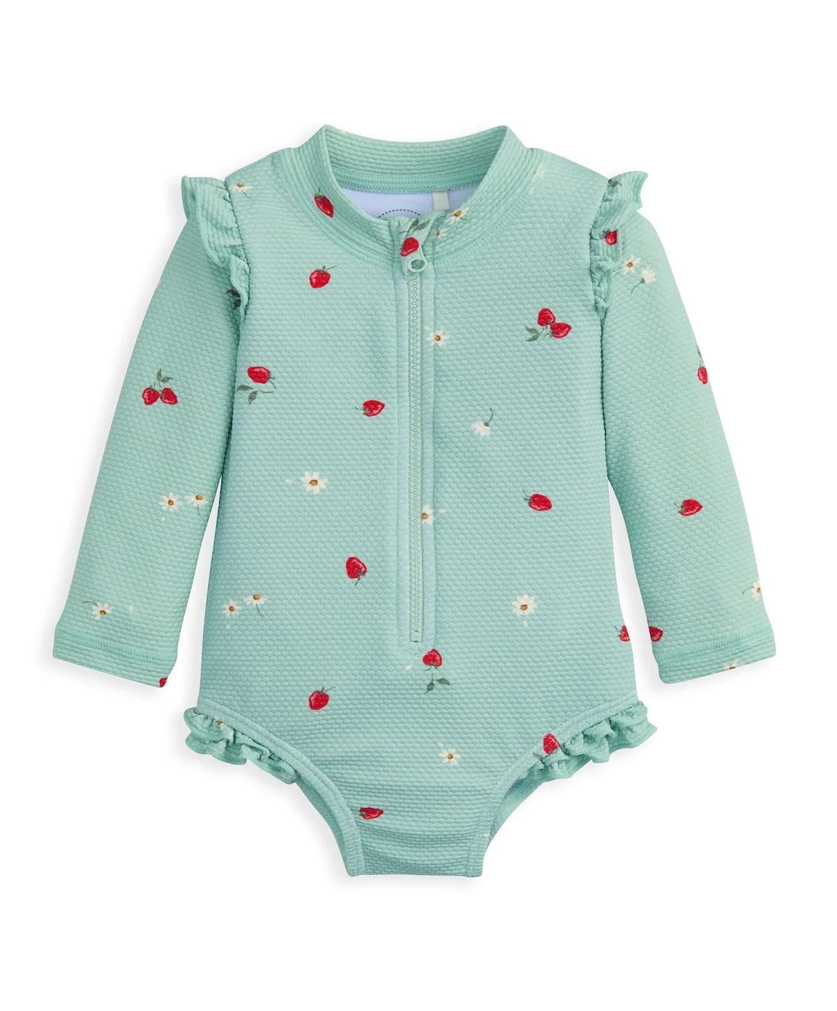 Mint green strawberry-print long-sleeve one-piece swimsuit, front zip and snaps