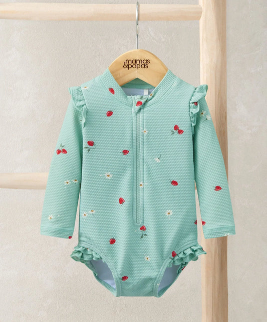 Mint green strawberry-print long-sleeve one-piece swimsuit with ruffled shoulders