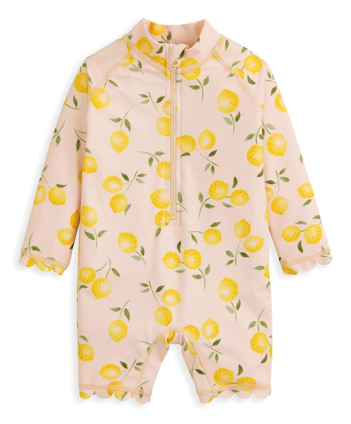 Pink lemon print rashsuit with full-length zip, long sleeves and snap cuffs