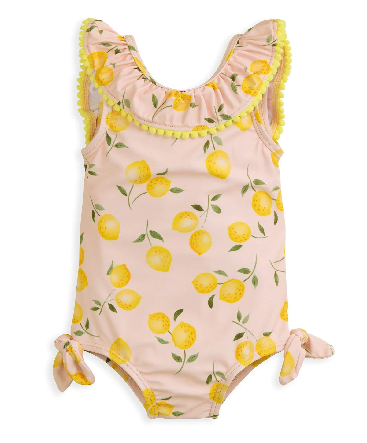 Pink lemon-print swimsuit with layered frill straps and bow-tie leg openings