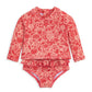 Coral pink long-sleeve one-piece swimsuit with sea-life print and ruffled waist