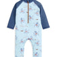 Squid print rashsuit, light blue body with navy sleeves and orange zipper detail