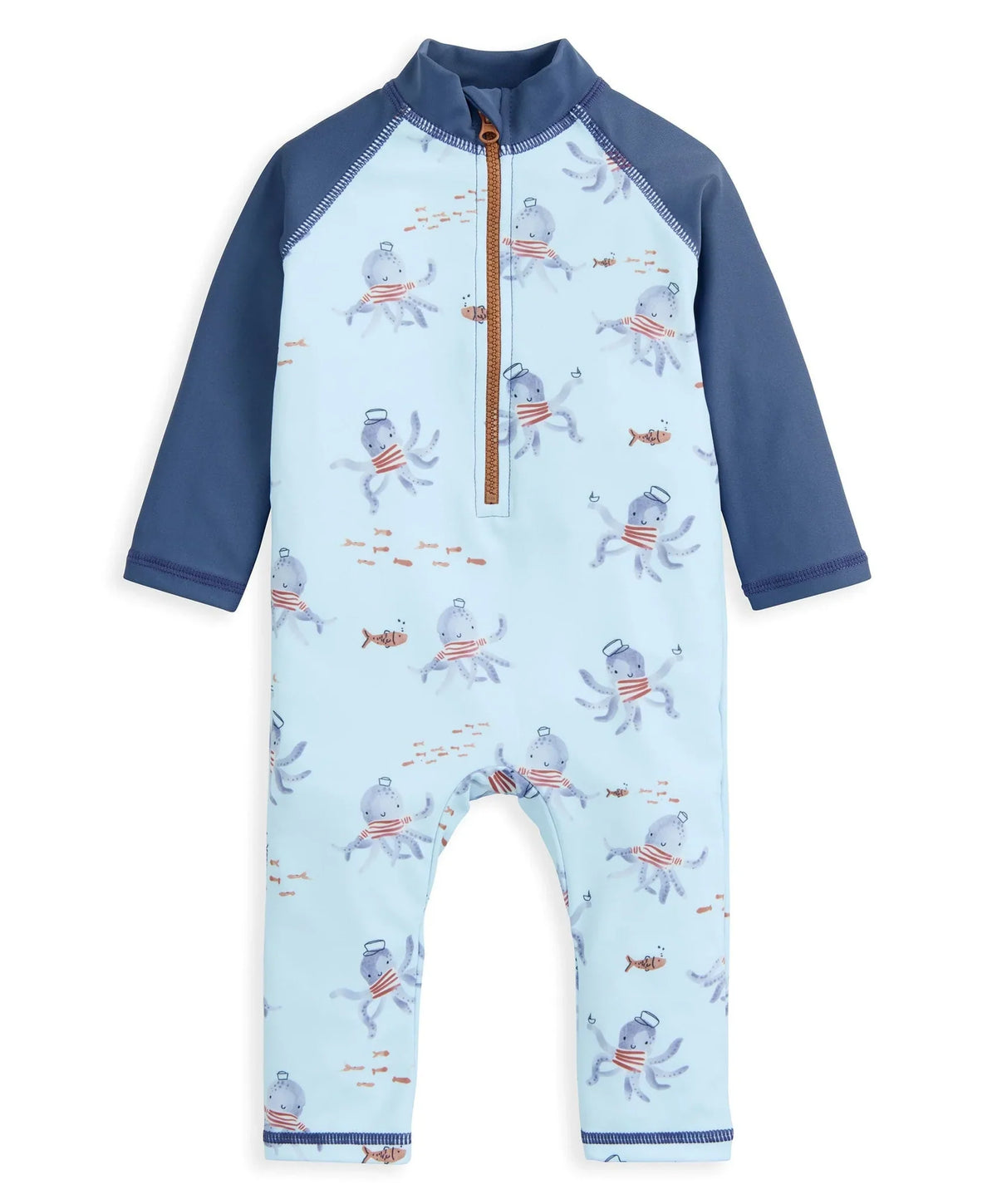 Squid print rashsuit, light blue body with navy sleeves and orange zipper detail