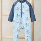 Squid print rashsuit with front zip, light blue body and navy raglan sleeves