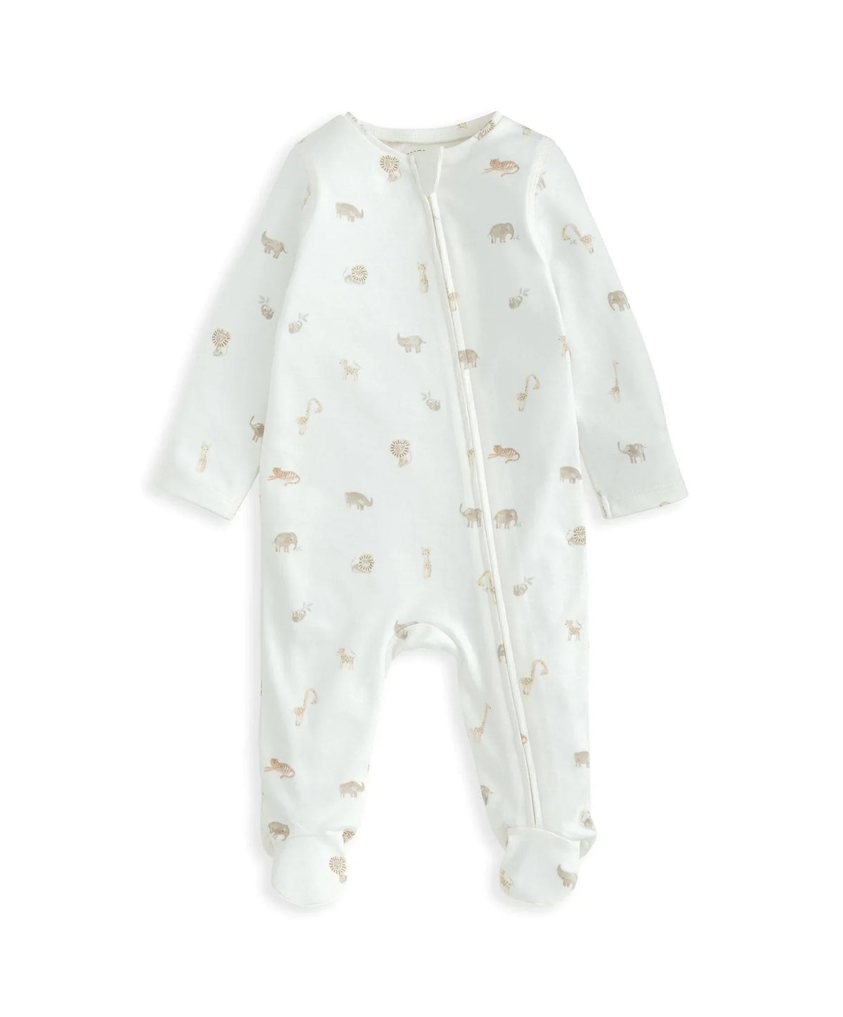 Light white safari-print footed all-in-one with front zip and long sleeves