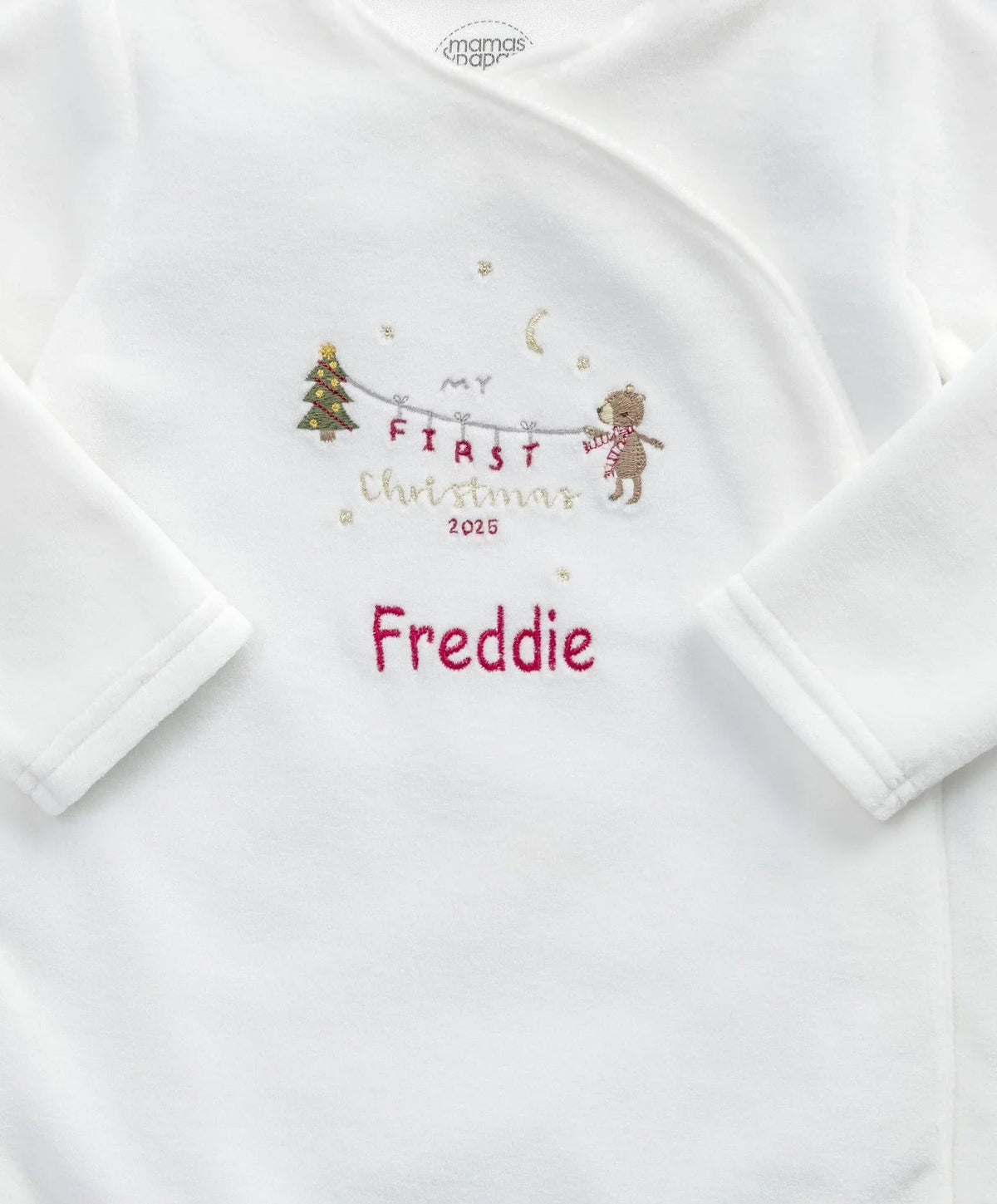 Velour all-in-one with white chest print: First Christmas 2025 and name Freddie