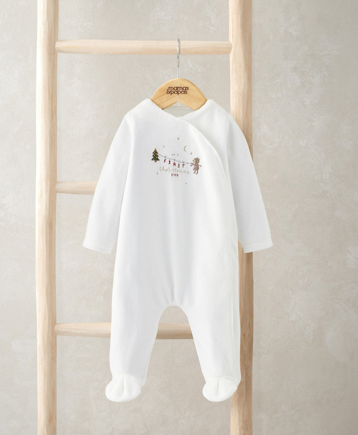Velour all-in-one baby suit with long sleeves, footed legs, white Christmas front print