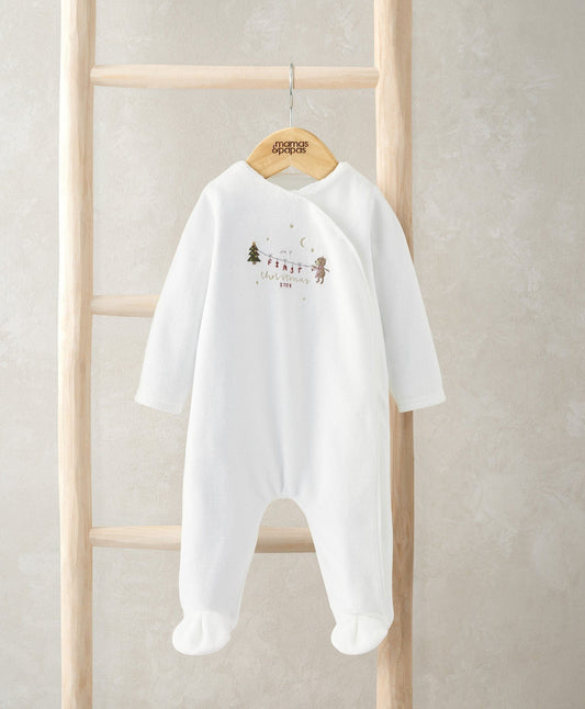 Velour all-in-one baby suit with long sleeves, footed legs, white Christmas front print