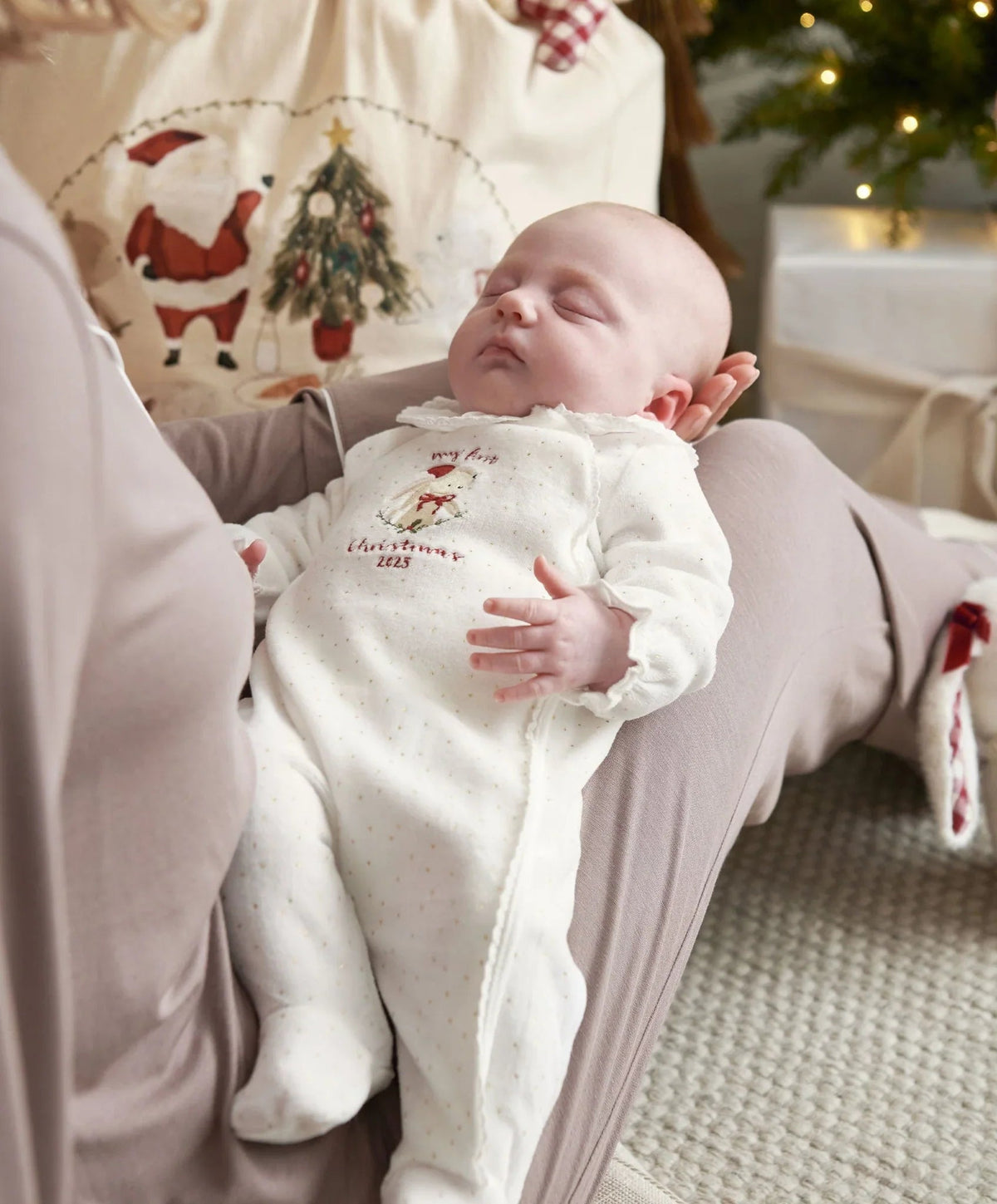 Baby bunny Christmas onesie, footed and long-sleeved, embroidered design on chest