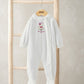 White baby bunny Christmas onesie with long sleeves and footed legs, embroidered front