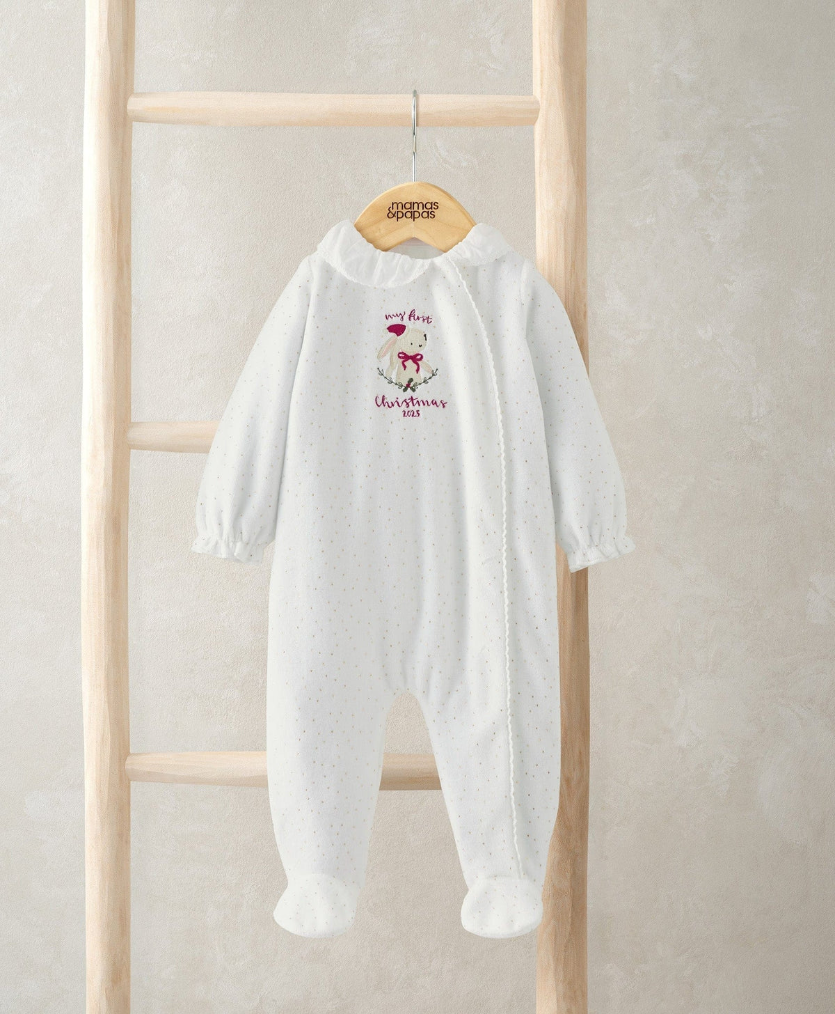 White baby bunny Christmas onesie with long sleeves and footed legs, embroidered front