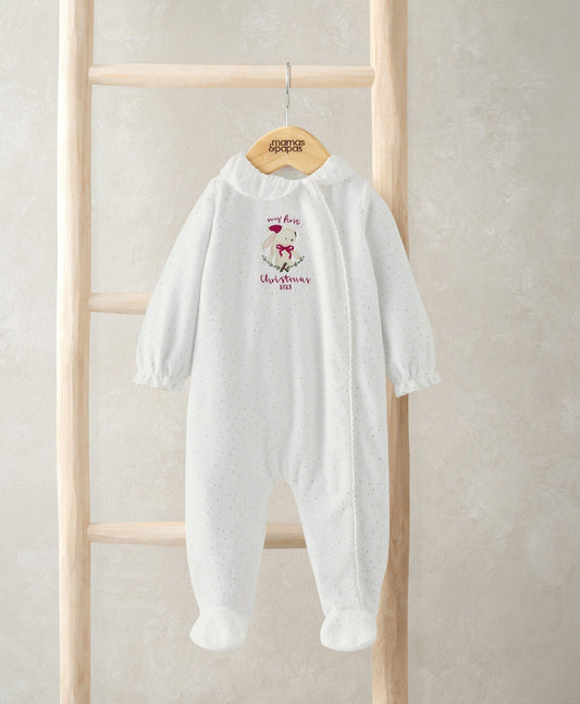 White baby bunny Christmas onesie with long sleeves and footed legs, embroidered front