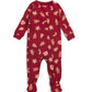 Footed baby all-in-one romper, dark red with gingerbread cookie pattern, long sleeves