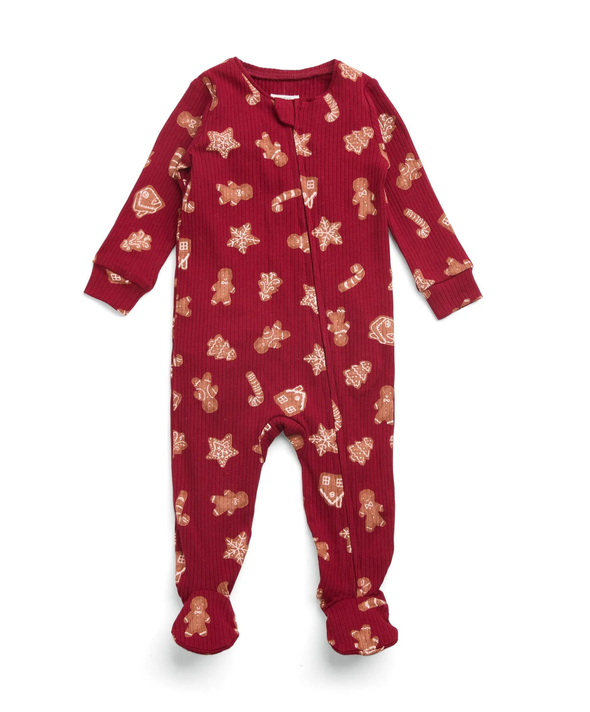 Footed baby all-in-one romper, dark red with gingerbread cookie pattern, long sleeves