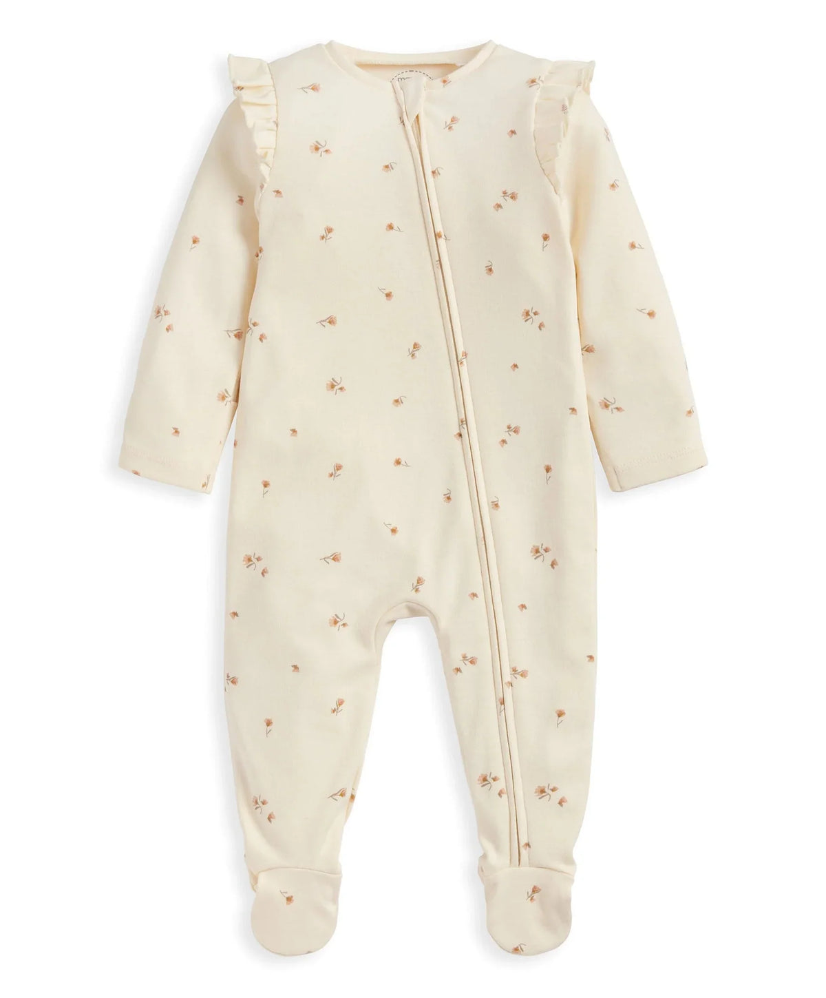 Cream floral long-sleeve footed sleepsuit with front zipper and ruffled shoulders