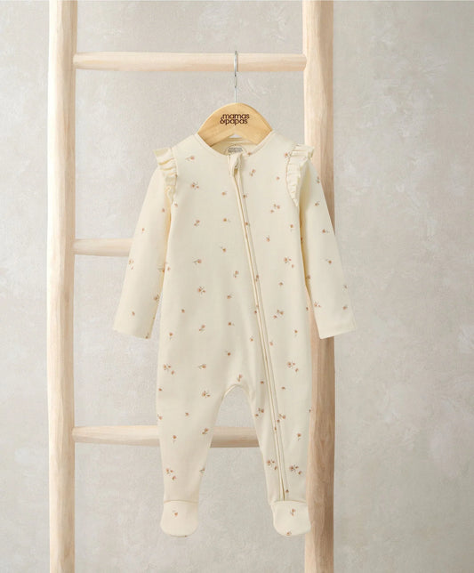 Cream floral zip sleepsuit with long sleeves, footed legs, and front zipper