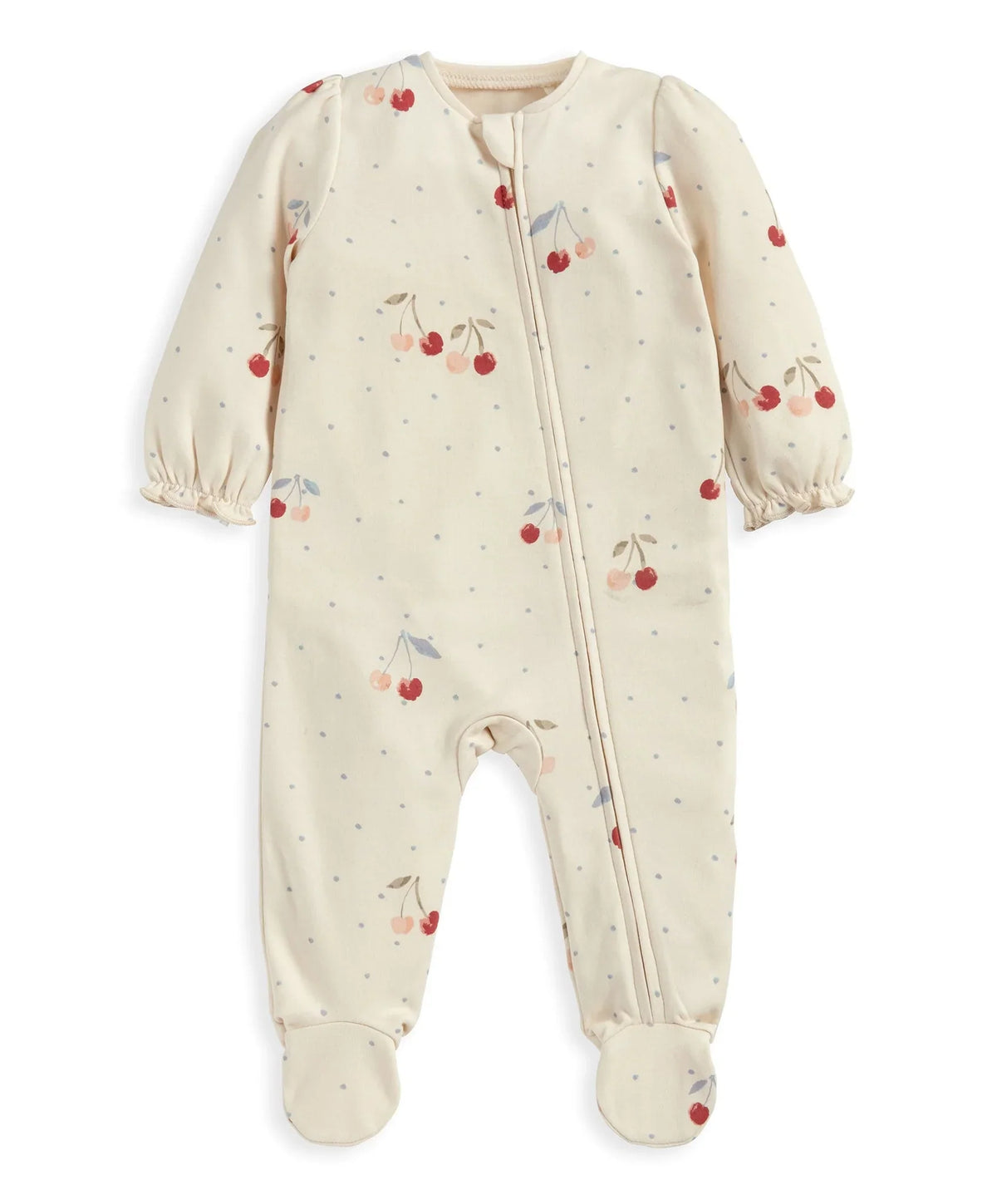 Cherry all-in-one baby romper, cream with cherry print, zip front and balloon sleeves