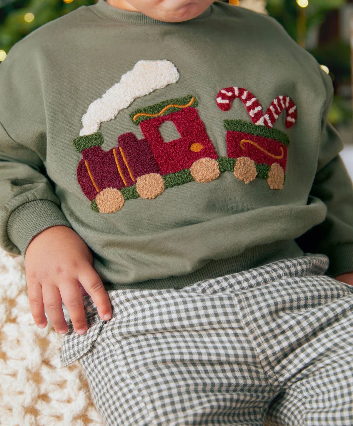 Green Christmas train jumper with crew neck, long sleeves, front applique train