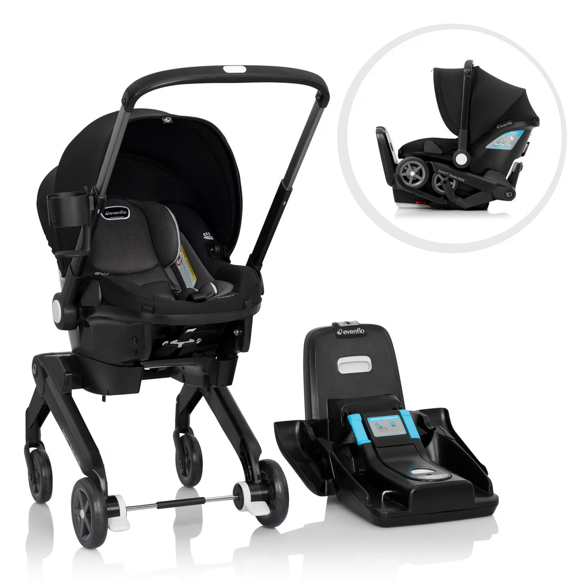 Black stroller with infant car seat and detachable base, side-by-side view
