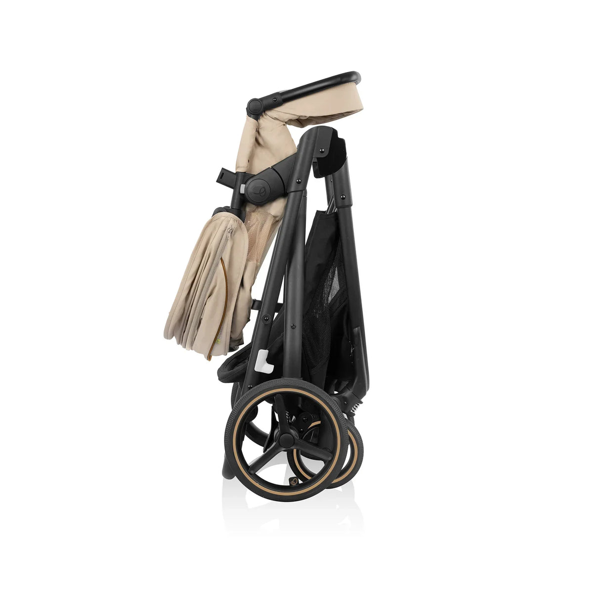 Beige baby stroller with canopy and black frame, three-quarter side view