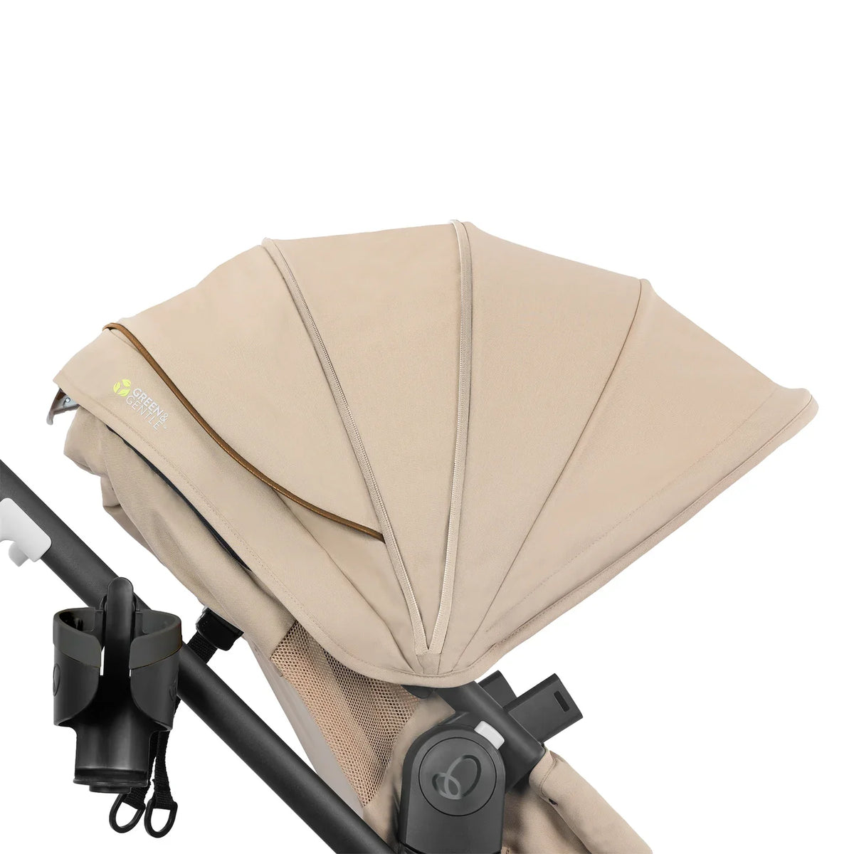 Beige stroller canopy and armbar area with control panel, close-up