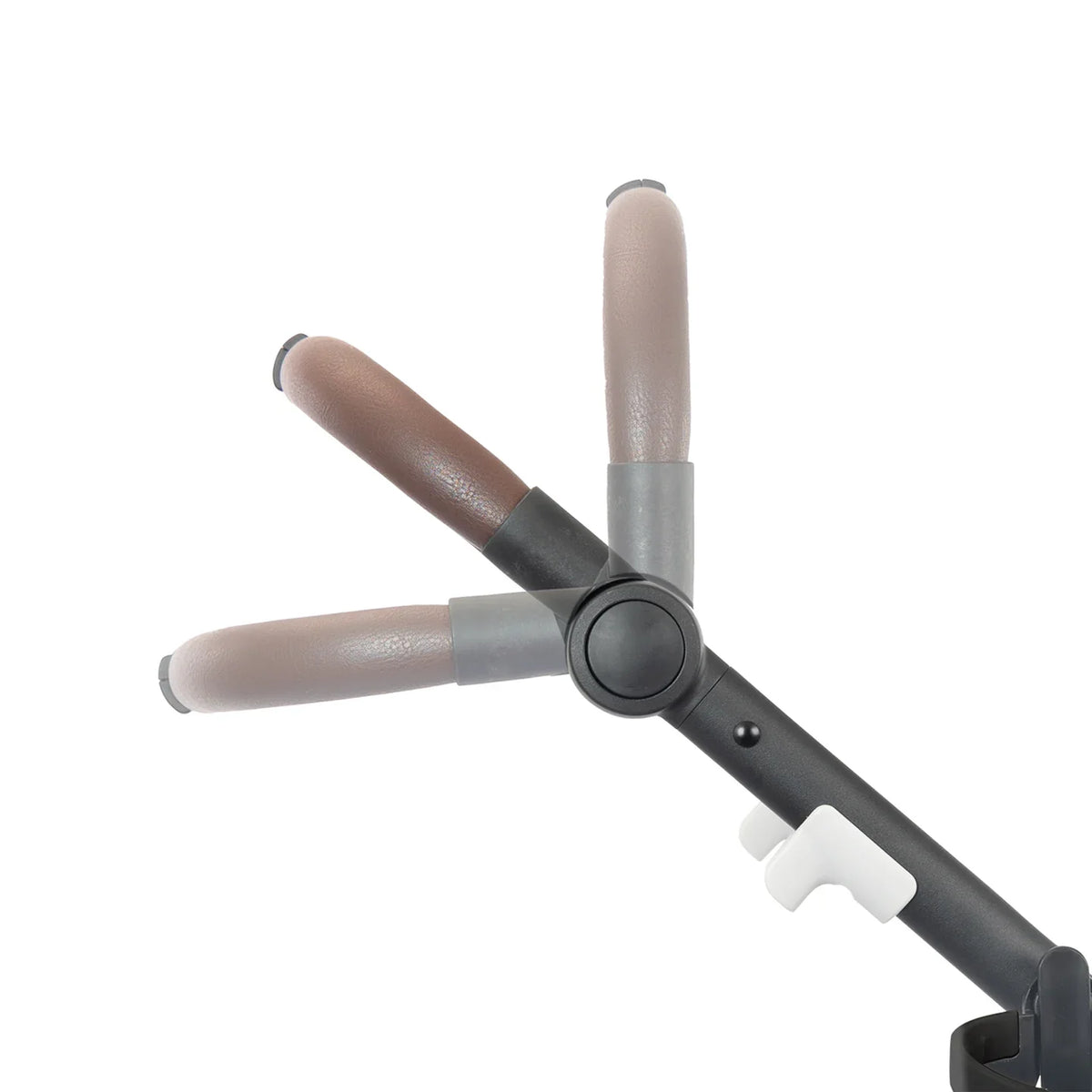 Adjustable headrest/handle for infant car seat, beige padding on black frame.