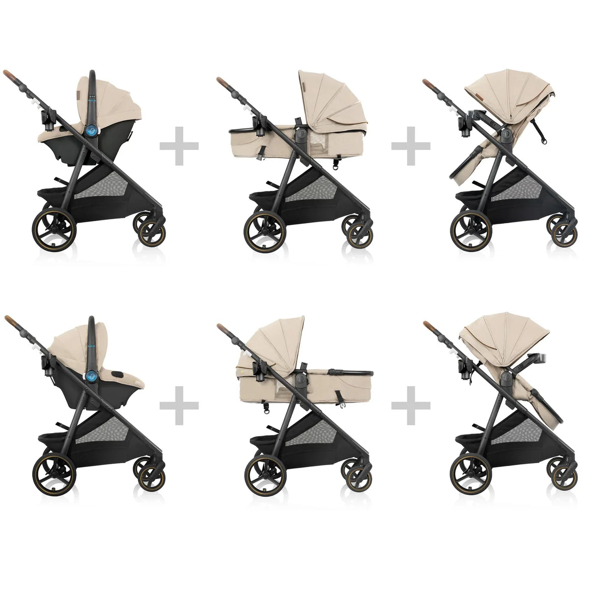 Beige baby stroller shown in multiple configurations, canopy and black wheels visible