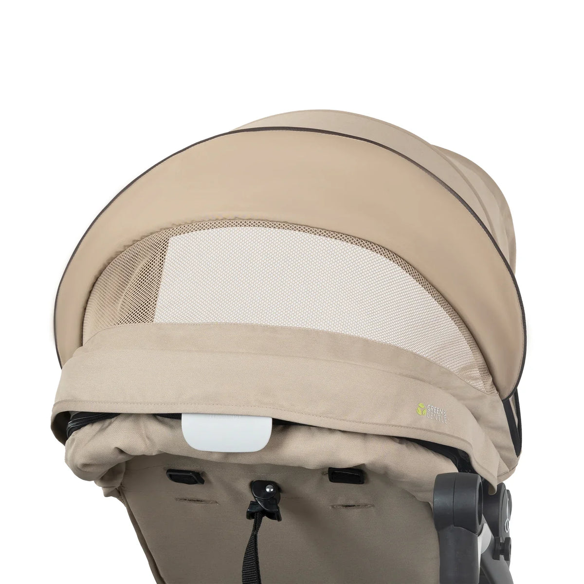 Baby stroller canopy with front mesh panel, light beige fabric.