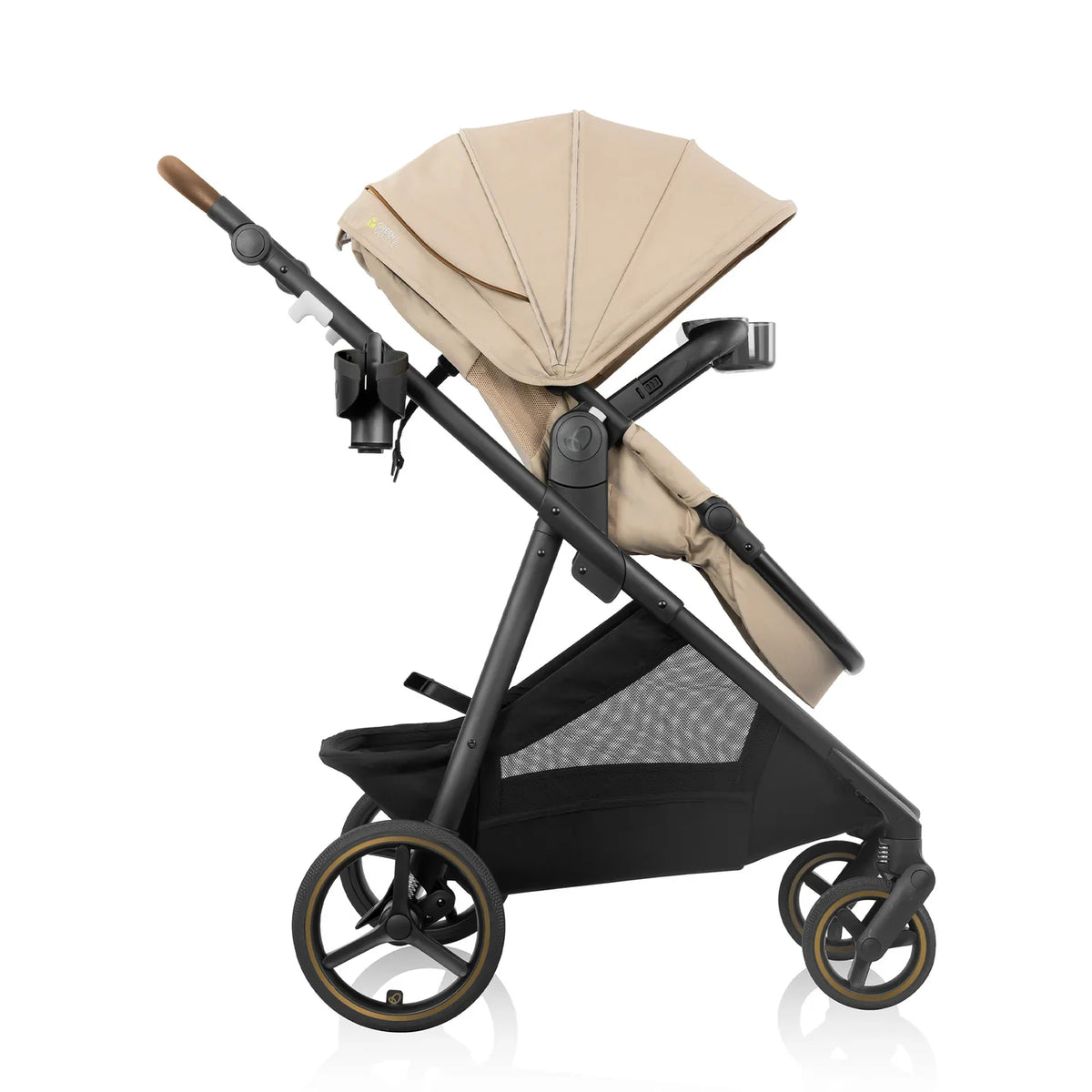 Stroller with beige canopy and beige seat, black folded frame with wheels.