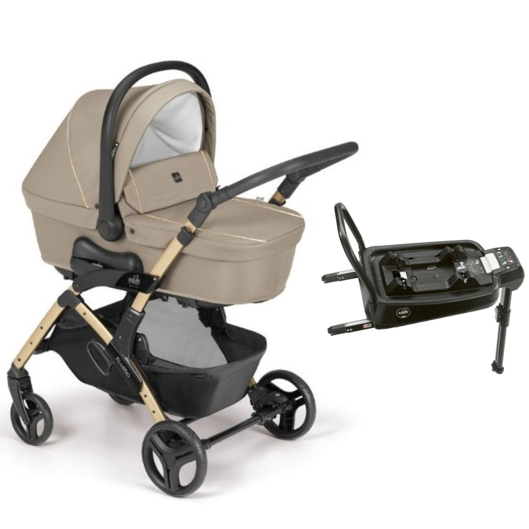 Beige stroller with carrycot, black frame, and canopy; wood-look accents and large wheels.