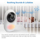 White indoor Wi‑Fi video monitor camera with lullaby and sound feature icons
