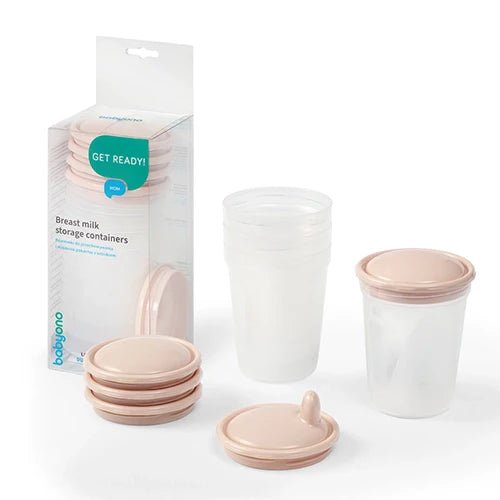Breast milk storage cups, 4 clear containers with pink lids and spouts