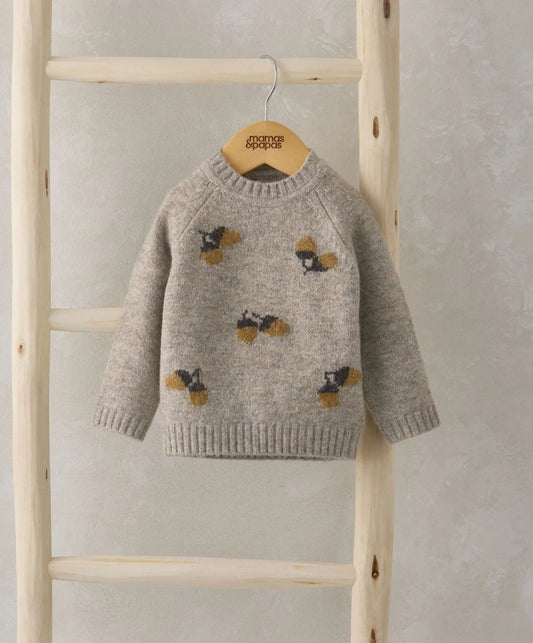 Grey knit jumper with acorn pattern, crew neck, ribbed cuffs and hem