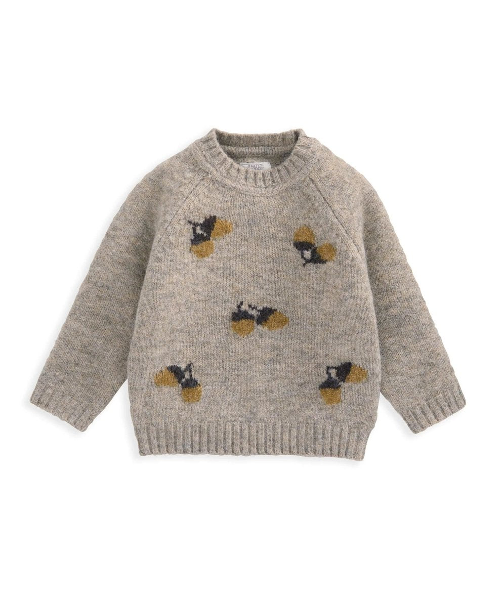 Grey knit crewneck jumper with scattered acorn motifs, ribbed cuffs