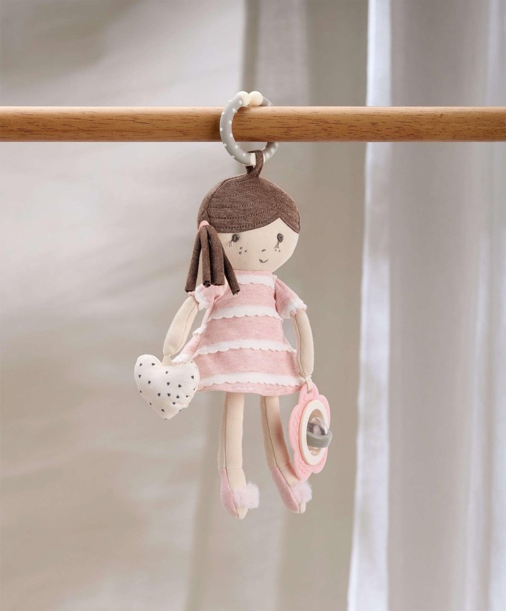 Cloth activity doll with brown hat and pink striped dress, hanging hook