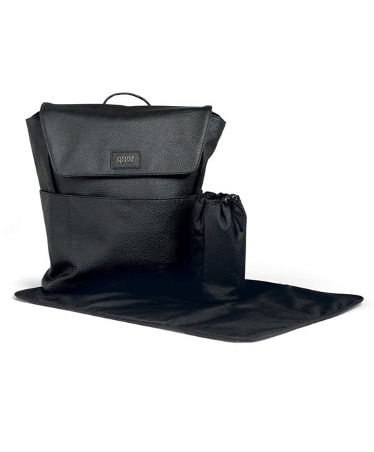 Black adjustable changing backpack with top flap and included changing mat