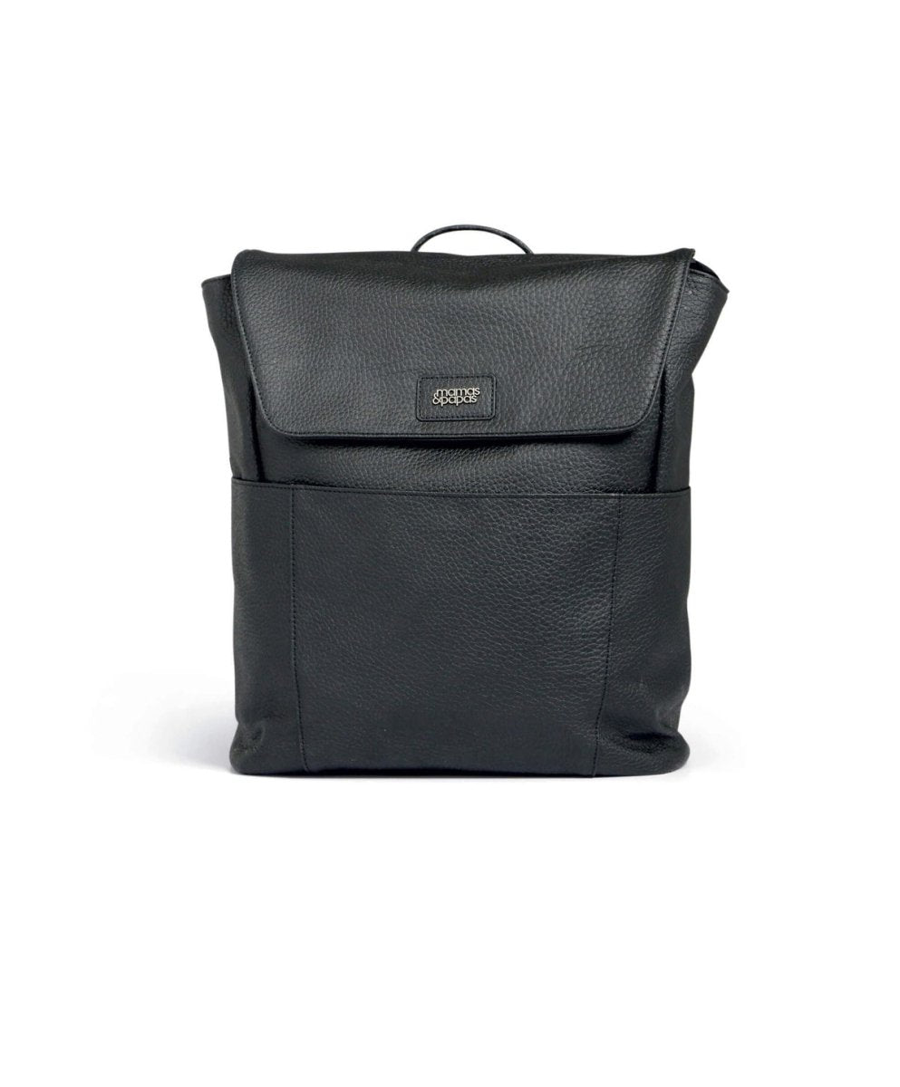 Black adjustable changing backpack with front pocket and top flap