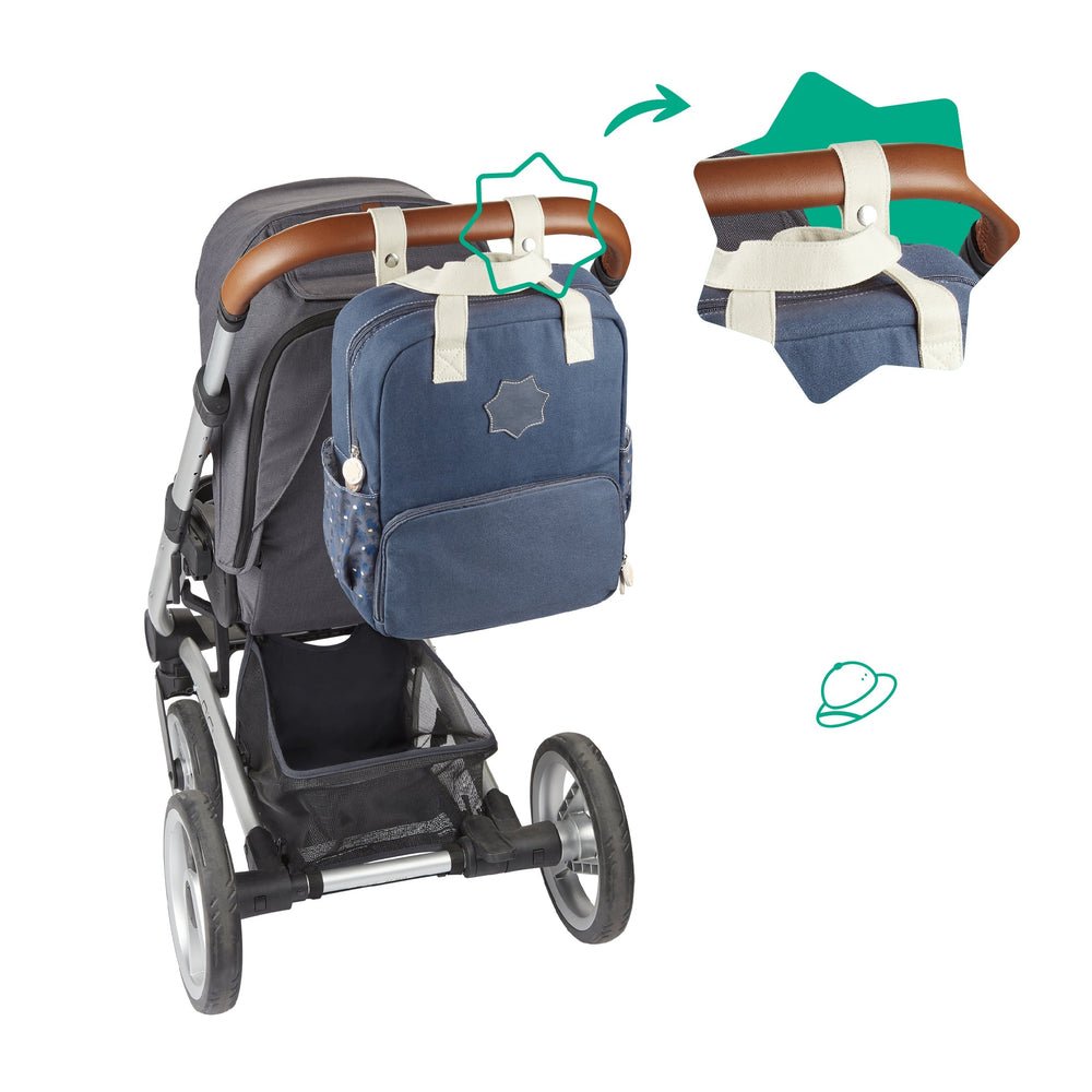 Navy changing backpack attached to stroller, star patch front pocket