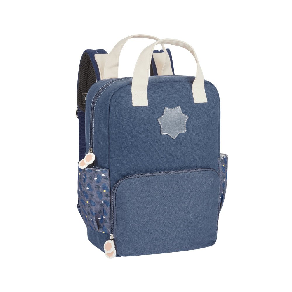 Navy changing backpack with star patch and top tote handles
