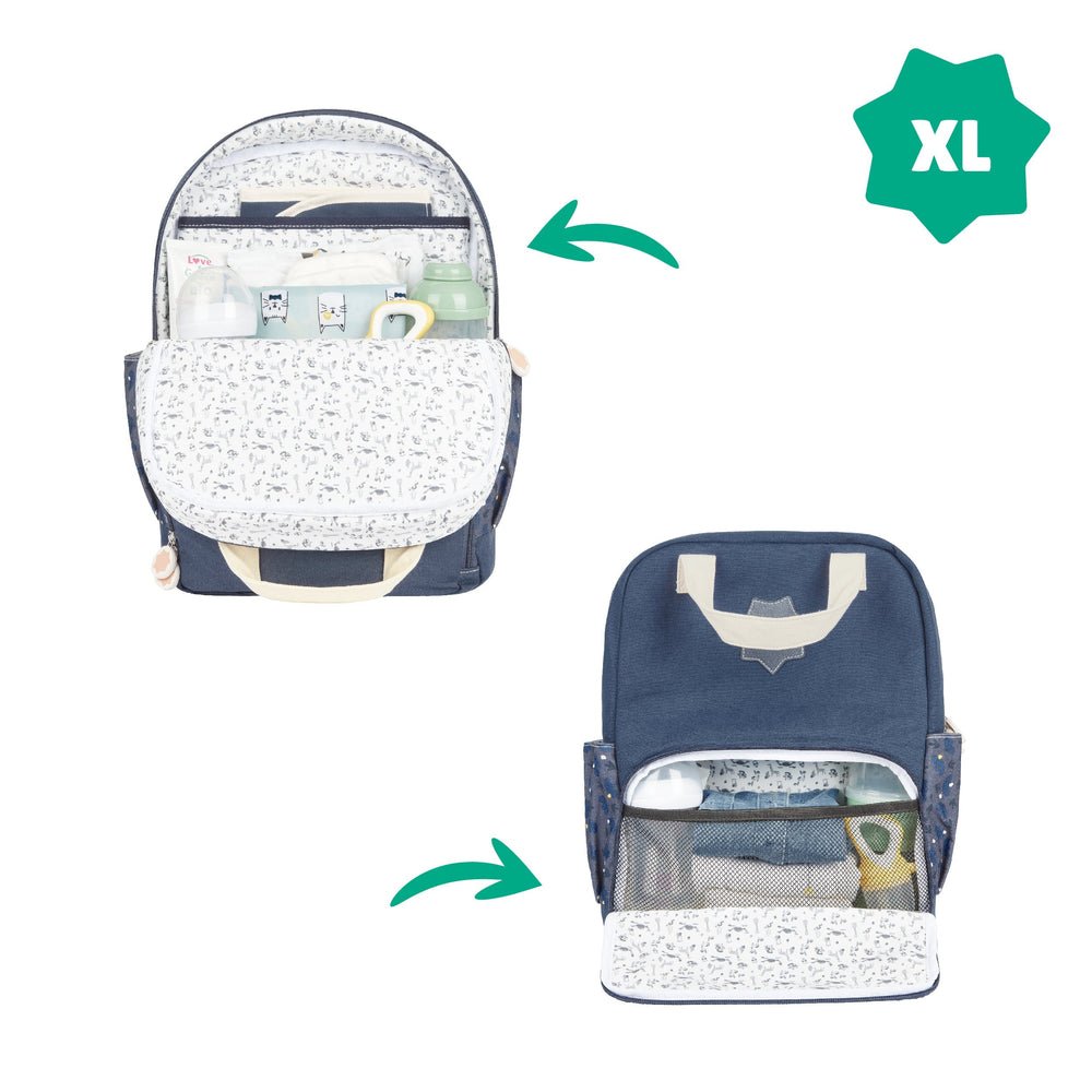 Navy changing backpack with star patch, open interior organizer pouch