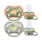 Double pacifier set with turtle and sea animal prints, green and orange ring frames