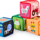 Stackable soft blocks set with colorful cube faces and animal/letter graphics