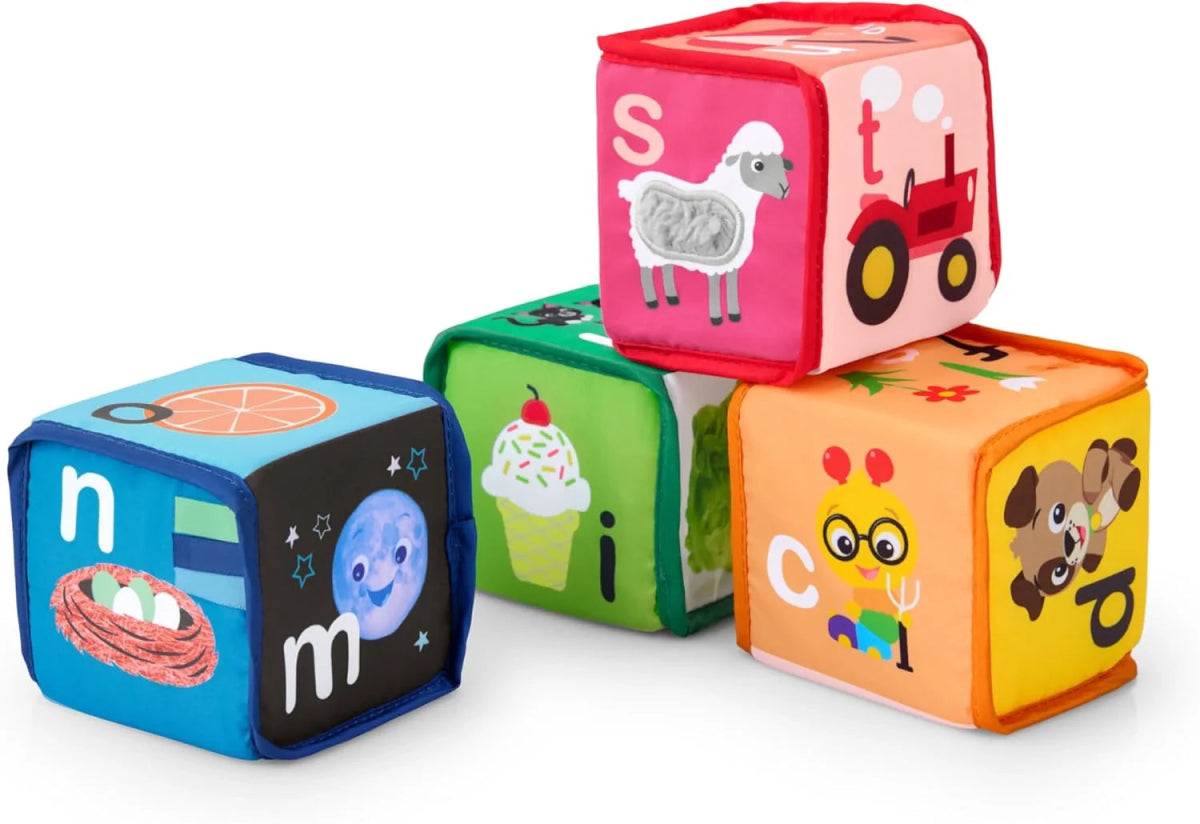 Stackable soft blocks set with colorful cube faces and animal/letter graphics