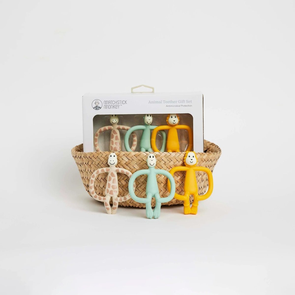 Animal teether gift set pack of 3 in box showing spotted, mint, and yellow ring toys