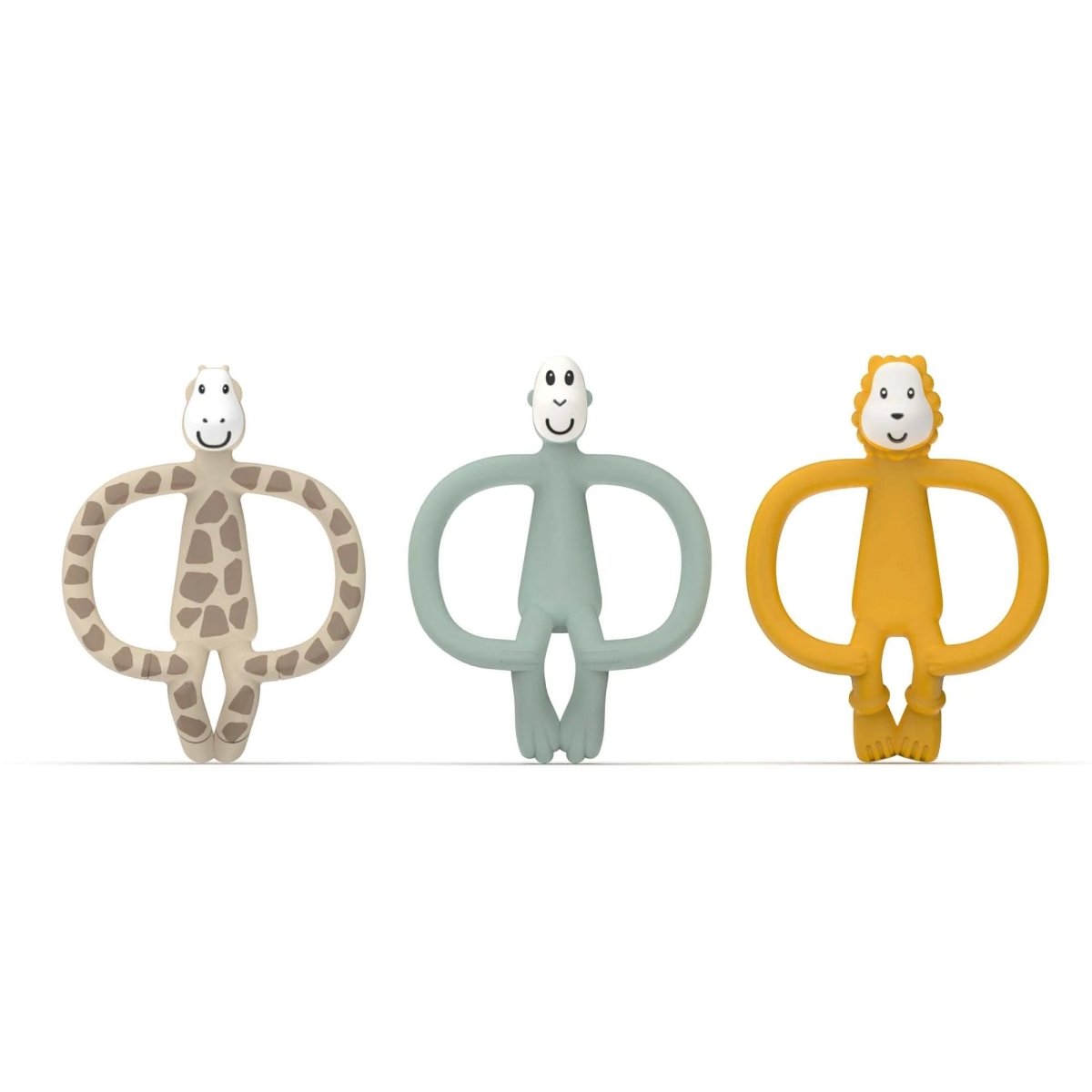 Animal teether set: spotted giraffe-style, mint, and yellow animal ring teethers