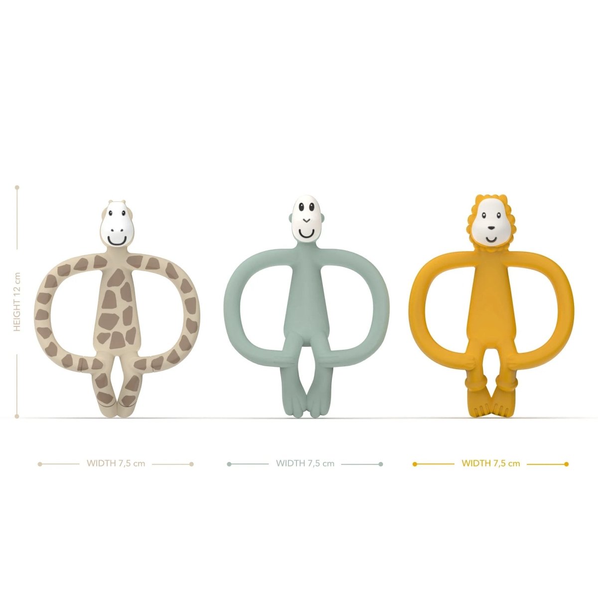 Three animal ring teethers with faces: spotted, mint, and yellow—measures shown