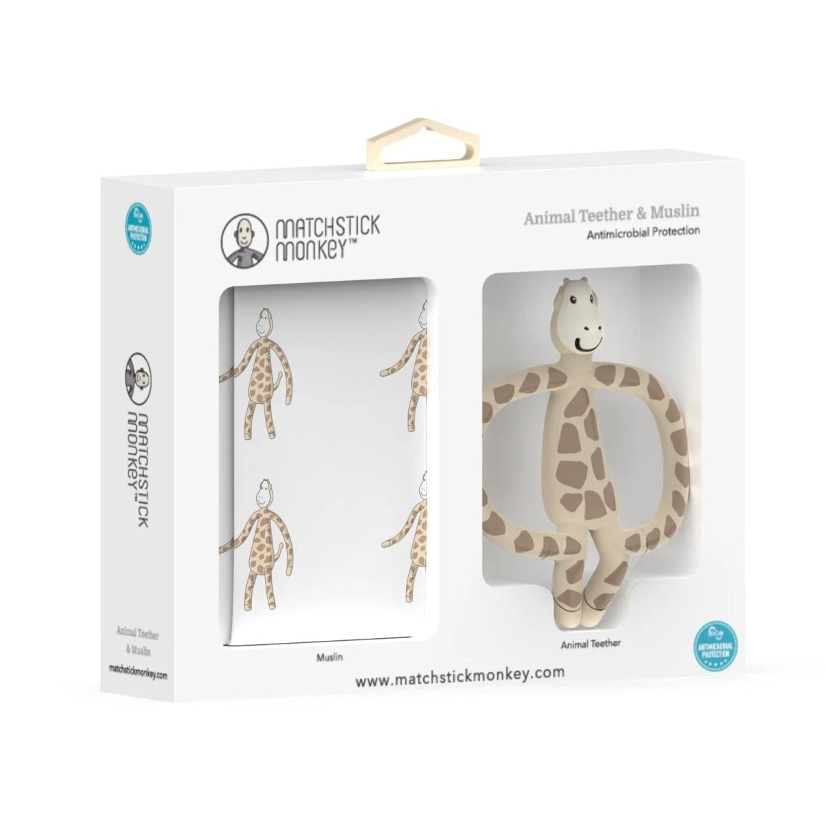 Animal teether and muslin giraffe gift set box by Matchstick Monkey