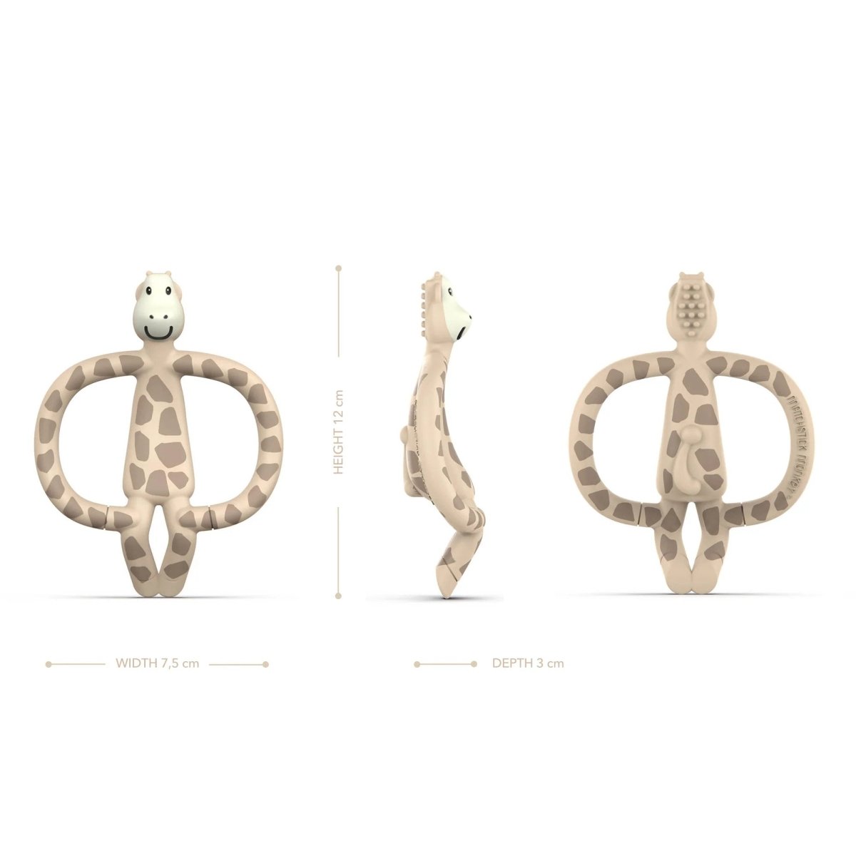 Giraffe plush animal teether with patterned body, side and front views